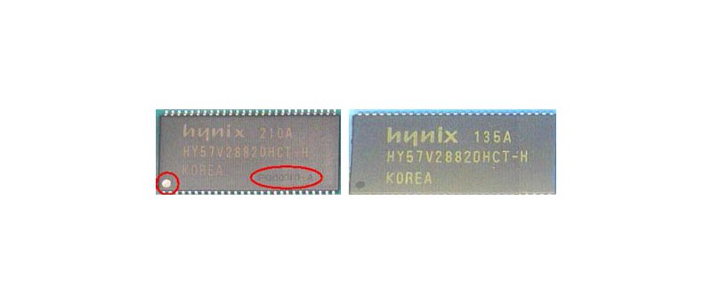 Pravý (vlevo) a falešný (vpravo) chip od Hynixu
