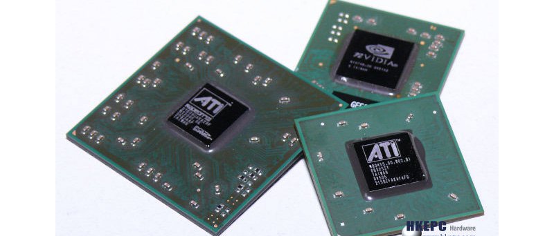 Radeon X550 SE (vlevo), X1300 CE (vpravo) a GeForce 7100 GX (vza