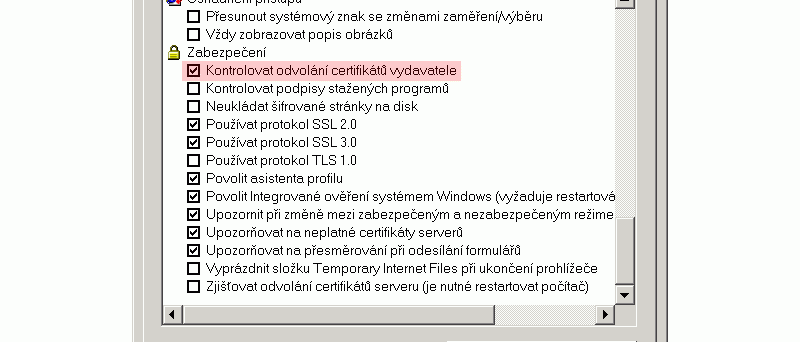 Dialogové okno pro nastavení neověřování odvolání certifikátů