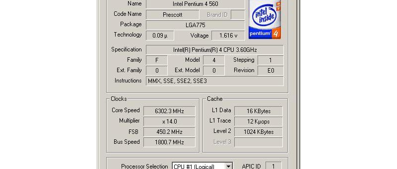 Pentium 4 560 (3,6 GHz) přetaktované na 6,3 GHz