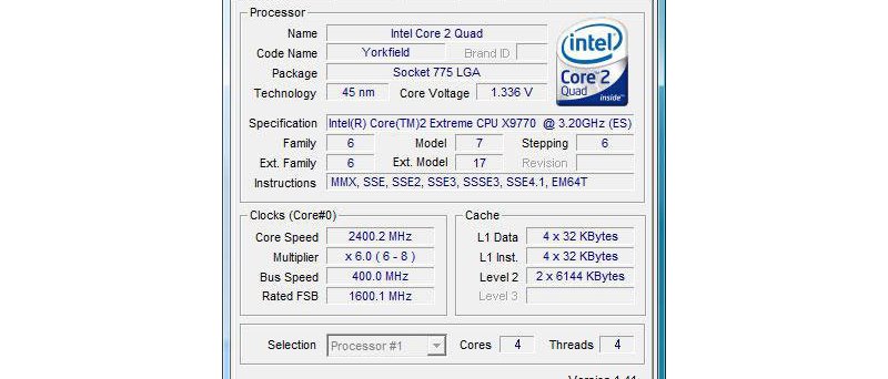 CPU-Z: Core 2 Extreme QX9770 (ES) se zvýšeným napájecím napětím