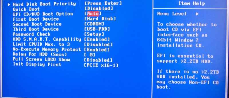 Gigabyte GA-Z68X-UD7-B3 - Advanced BIOS Features - EFI CD/DVD Boot Option