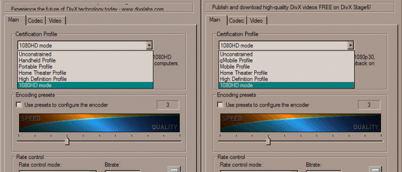 DivX 6.5, srovnání nastavení kodeku