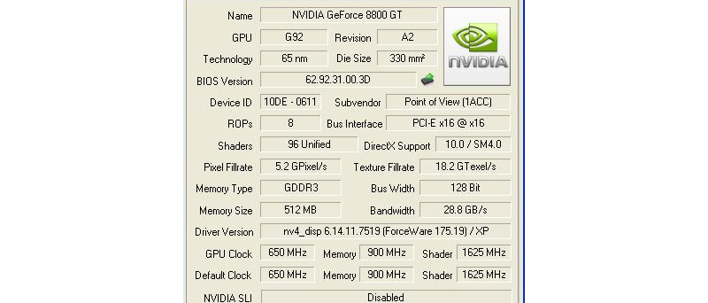 PoV GeForce 8800 GT nevalných parametrů