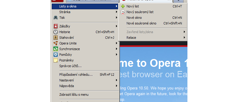Opera 10.50 - přesunutá nabídka