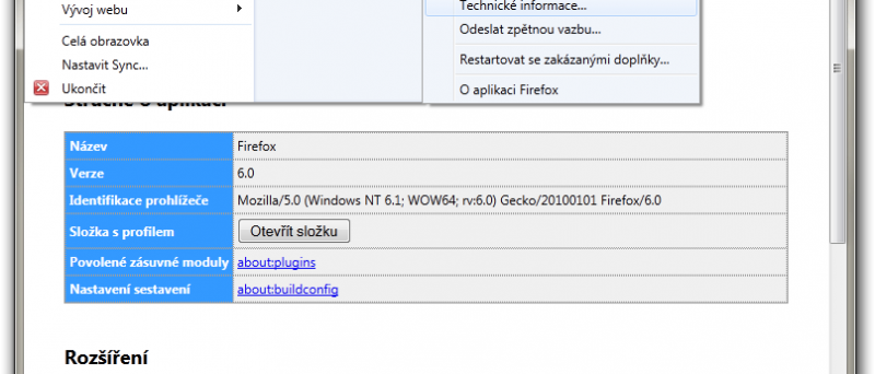 Technické informace o aplikaci Mozilla Firefox