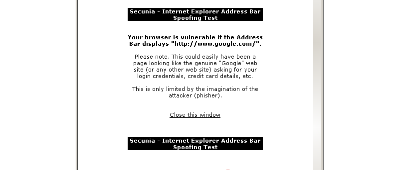 Internet Explorer Address Bar Spoofing Vulnerability Test