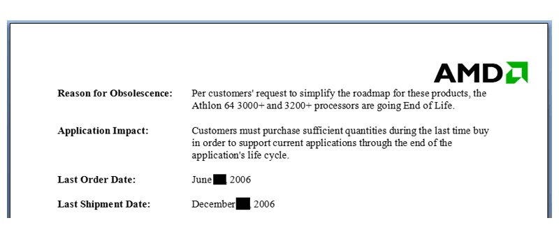 Dokument potvrzující ukončení Athlonů 64 3000+ a 3200+