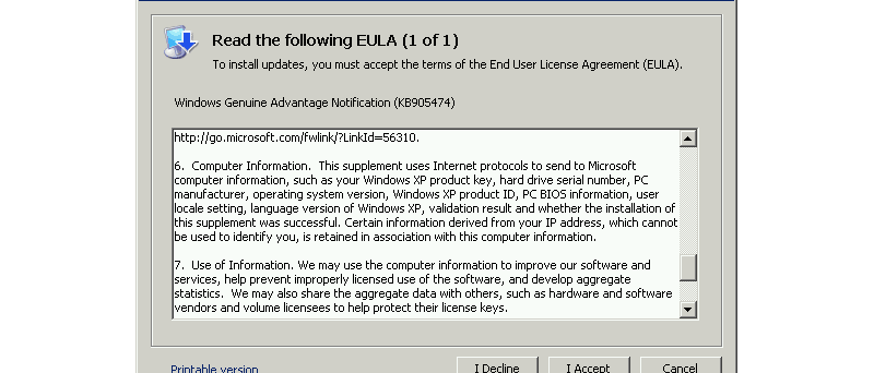 EULA k programu Windows Genuine Advantage Notification