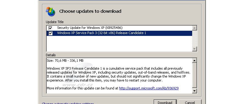 Windows XP SP3 RC1 ve Windows Update