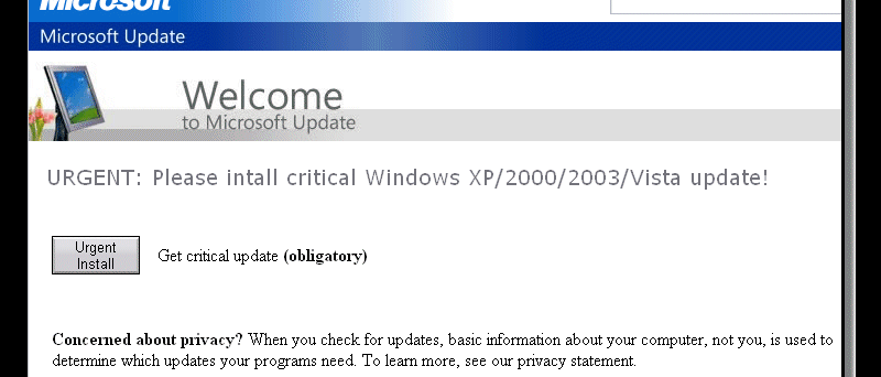 Falešná stránka MS Windows Update na cfm48.com