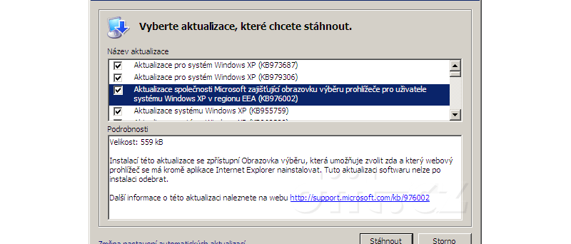 KB976002 - Aktualizace společnosti Microsoft zajišťující obrazovku výběru prohlížeče (Windows XP)