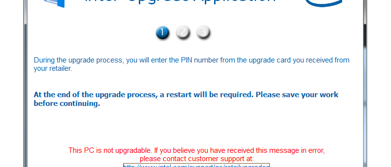 Intel Upgrade Application - upgrade nelze provést
