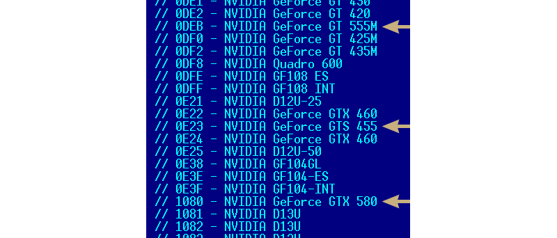 Informace v souboru MODES.TXT v ovladačích GeForce/ION 261.00 (dev)