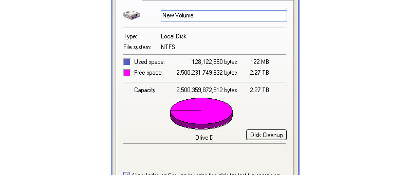 Využitá kapacita 2,5TB disku ve Windows XP