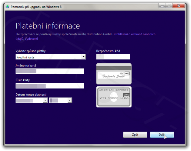 Kreditní karta - Pomocník při upgradu na Windows 8