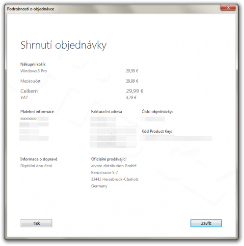 Shrnutí objednávky - Pomocník při upgradu na Windows 8