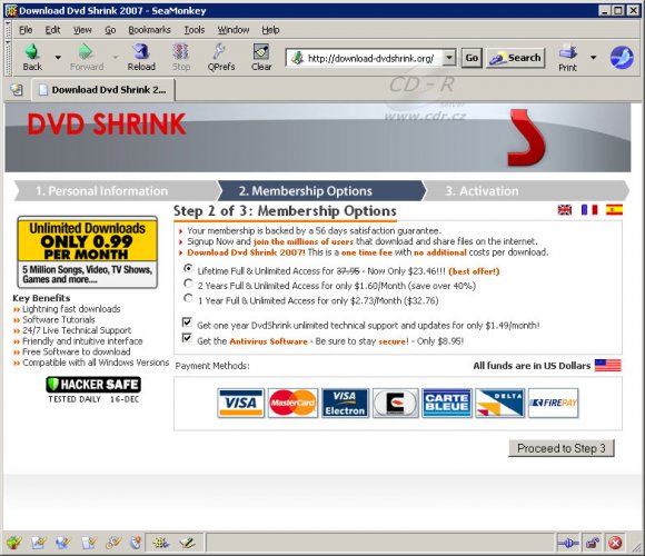 Detaily platby za DVDShrink 2007 na podvodné stránce