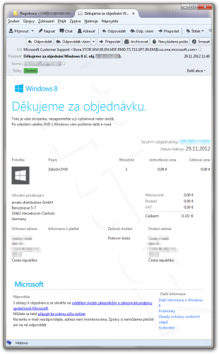 Druhý mail s objednávkou záložního disku Windows 8 Pro