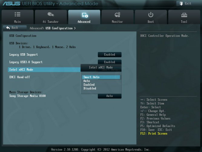 ASUS ASUS P8Z77 WS - Setup -Advanced Mode - Advanced - USB Configuration - Intel xHCI mode ASUS ASUS P8Z77 WS - Setup -Advanced Mode - Advanced - USB Configuration - Intel xHCI mode