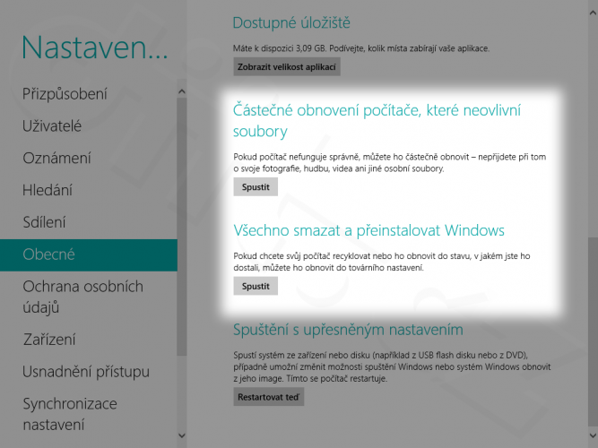 Windows 8 - Částečné obnovení a Všechno smazat
