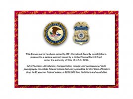 Stránka informující o zabavení domény americkými úřady kvůli dětské pornografii