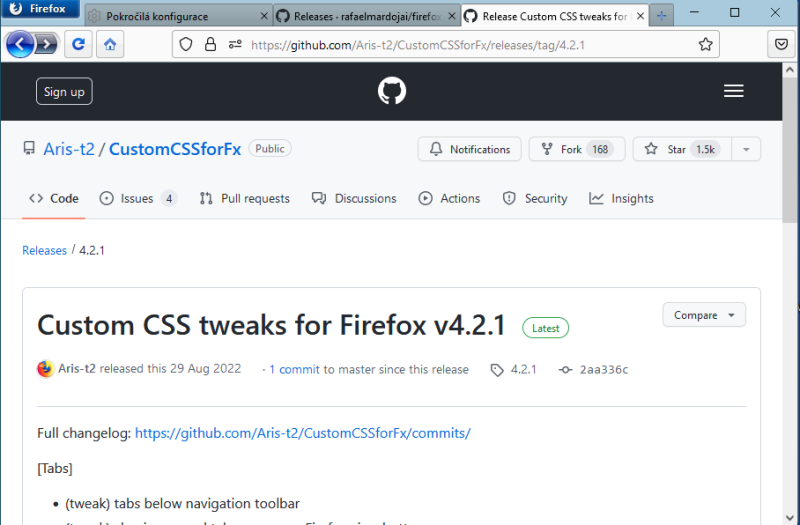 Firefox s aplikovaným tématem vzhledu CustomCSSforFx