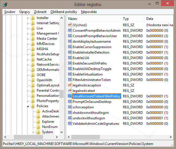 Windows 8 - nastavení LocalAccountTokenFilterPolicy v registru