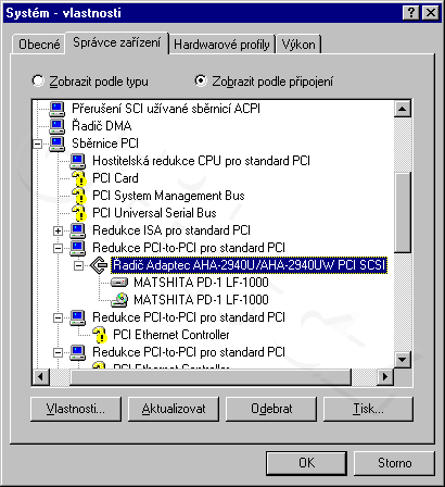 Windows 98 SE - správce zařízení - Adaptec AHA-2940UW + PD-1 LF-1000